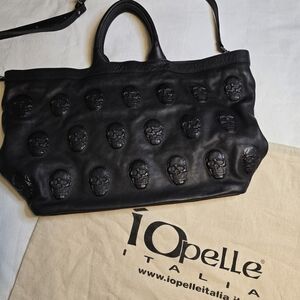 Io Pelle Black Skull Embossed Leather Women's Bag